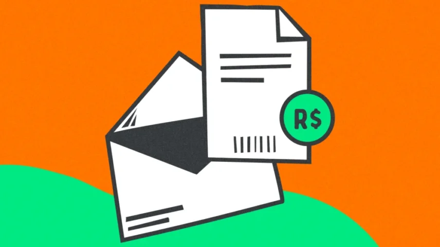 Imagem com fundo nas cores laranja e verde, mostrando um desenho de um envelope com um papel, com linhas e símbolo que representa dinheiro.